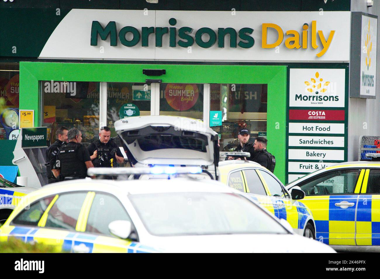File photo dated 09/09/21 of armed police at the scene of an incident in Hengrove Way, Bristol, where a man armed with a knife is inside the shop of the petrol station. Staff members are uninjured within a safe room and in contact with officers. Paul Miller, 53, from Bristol was today sentenced at Bristol Crown Court to an indefinite hospital order after he stabbed Liam Kittlety as he bought a coffee at the Morrisons Daily shop on Hengrove Way in Bristol, at about 7.30am on September 9 2021. Bristol Crown Court heard Mr Kittlety managed to flee the attack, which a judge said would otherwise ha Stock Photo