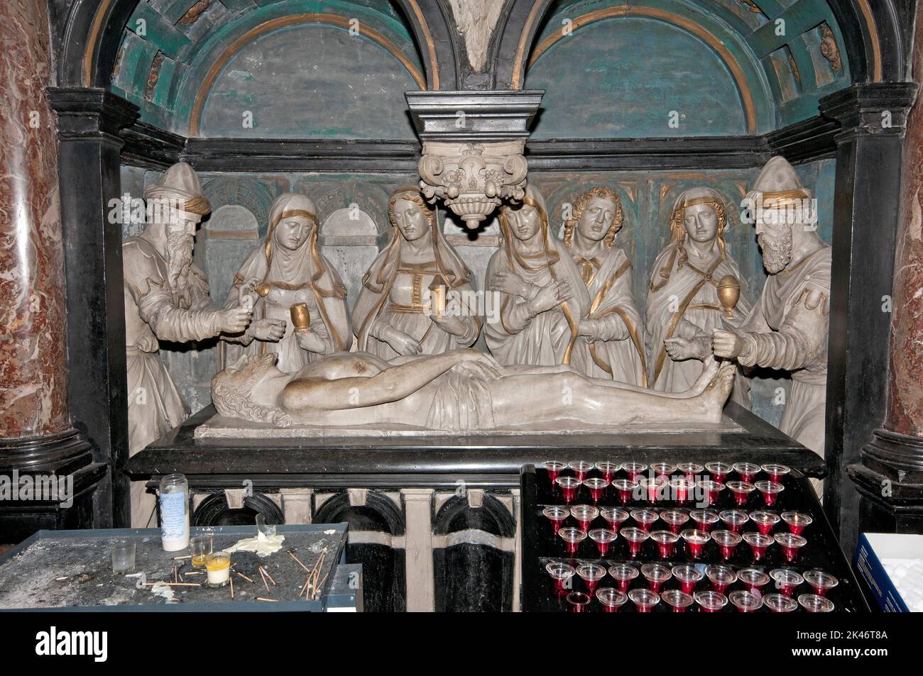 Anointment of Jesus body in the tomb, marble sculpture, Cathedral of Saints Michael and Gudula, Brussels, Belgium Stock Photo