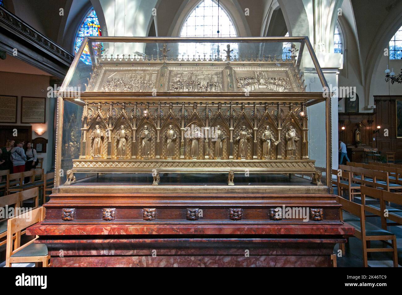 Historic gilded reliquary with the relics of Martyrs of Gorkum, Saint Nicholas church, Brussels, Belgium Stock Photo