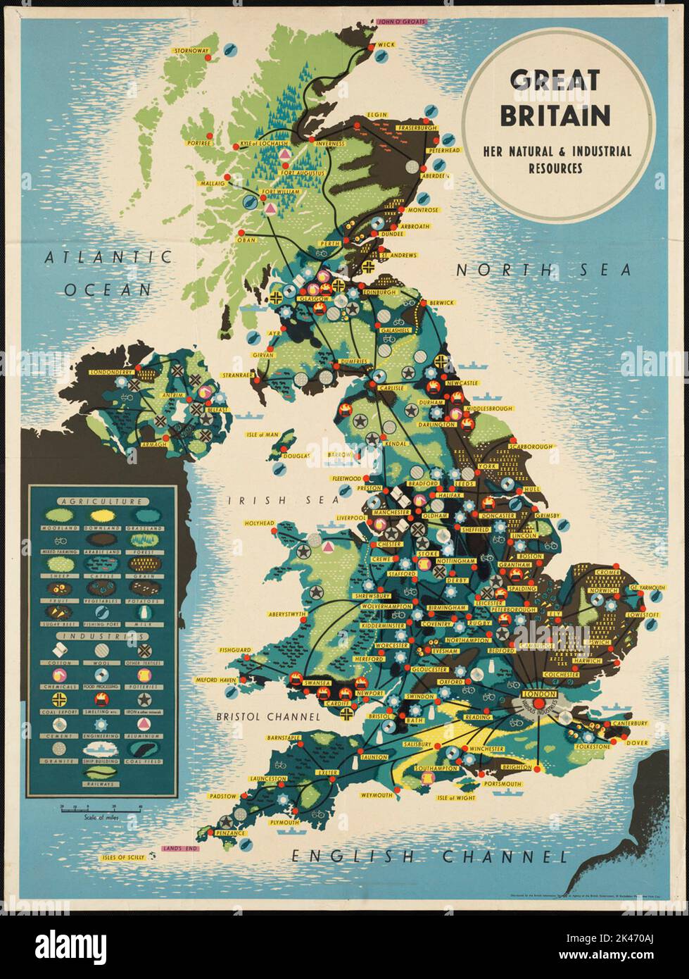 Colorful vintage travel poster map of Great Britain showing natural resources and industries Stock Photo