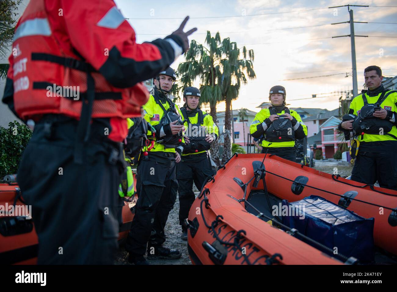 Fort Meyers, United States. 29th Sep, 2022. U.S. Coast Guard (USCG) personnel assigned to the Gulf, Atlantic, and Pacific Strike teams prepares for search and rescue operations on September 29, 2022, in Fort Myers Beach, Florida. Coast Guard strike force teams mobilized to areas affected by Hurricane Ian to perform urban search and rescue. Photo by POC3 Gabriel Wisdom/U.S.Coast Guard/UPI Credit: UPI/Alamy Live News Stock Photo