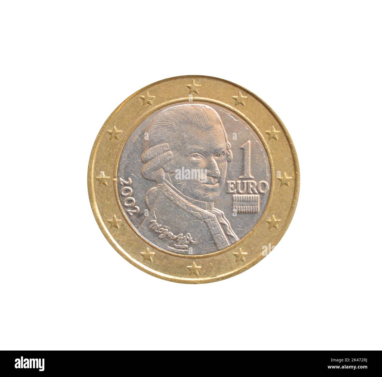 Reverse of One Euro coin made by Austria in 2002, that shows portrait of A portrait of Wolfgang Amadeus Mozart, the famous Austrian composer, Stock Photo