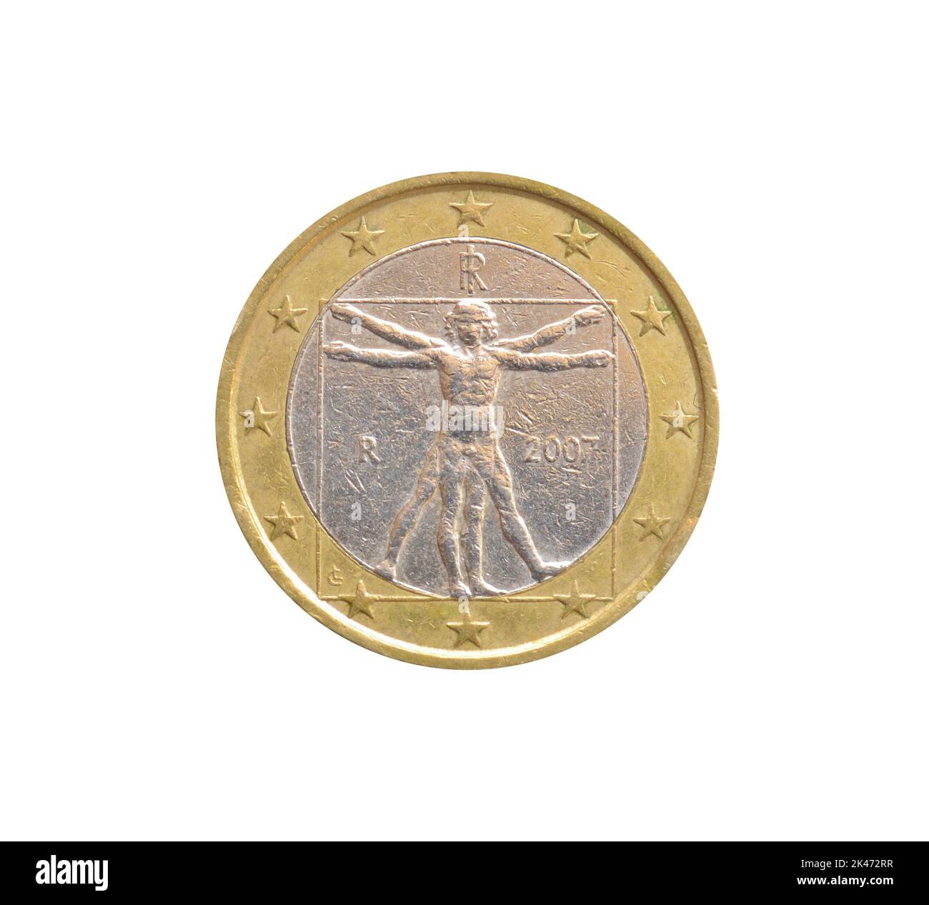 Reverse of One Euro coin made by Italy, that shows A reproduction of the Vitruvian Man, a world renowned drawing created by Leonardo da Vinci Stock Photo