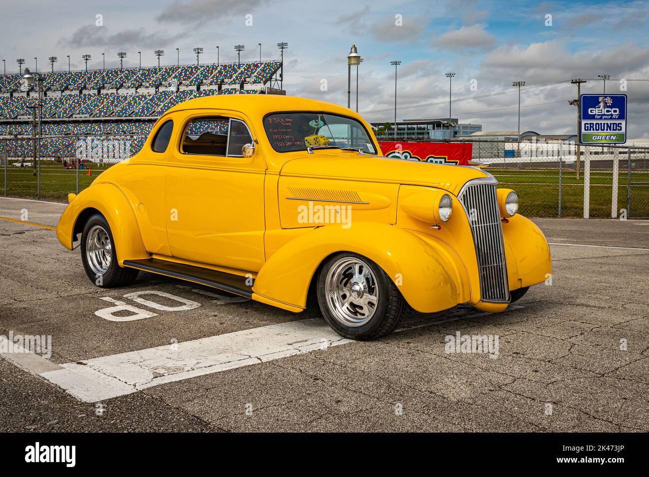 Daytona Beach, FL - November 29, 2020: Low perspective front corner view of a 1937 Chevrolet Master Deluxe Business Coupe at a local car show. Stock Photo