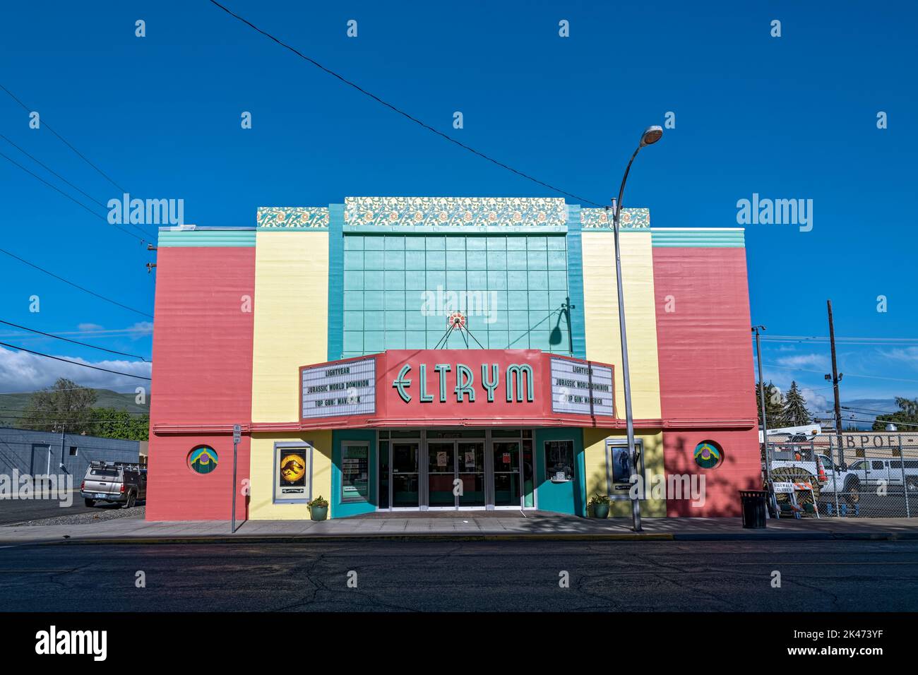The facade of the historic Eltrym Theater in Baker City, Oregon, USA