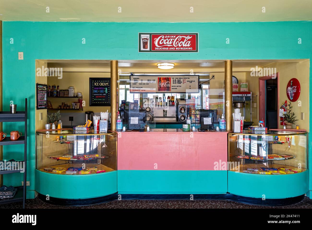 The concession stand in the historic Eltrym Theater in Baker City, Oregon, USA Stock Photo