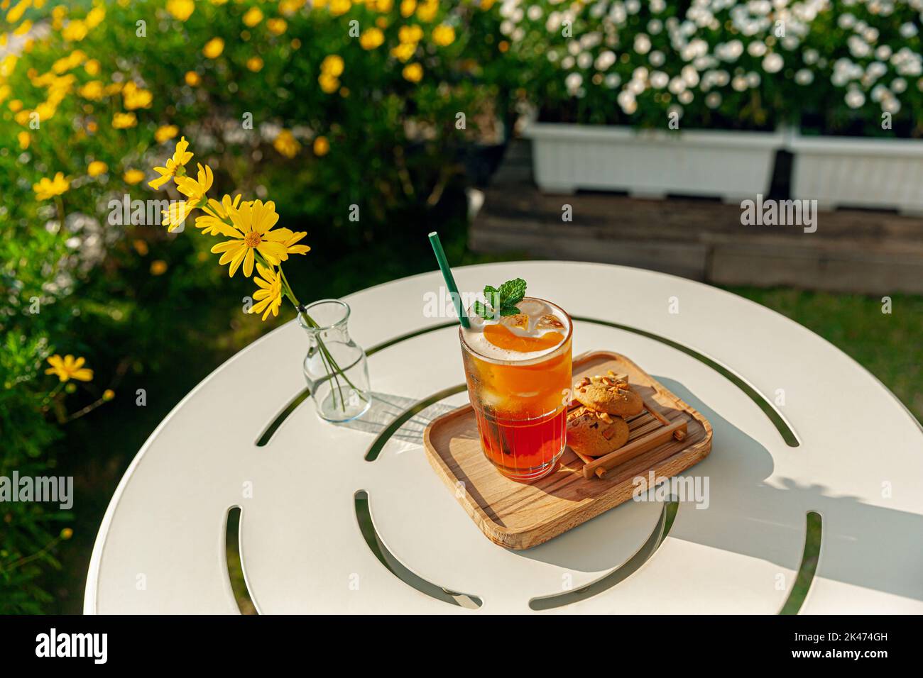 fresh homemade peach ice tea with mint, chocolate chip cookie served on table outdoors. summer cold fruit drink in sunny afternoon with yellow flowers Stock Photo