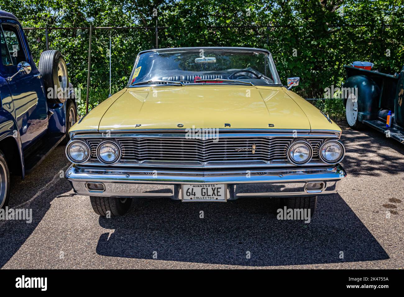 Falcon Heights, MN - June 18, 2022: High perspective front view of a 1964 Ford Galaxie 500 Convertible at a local car show. Stock Photo
