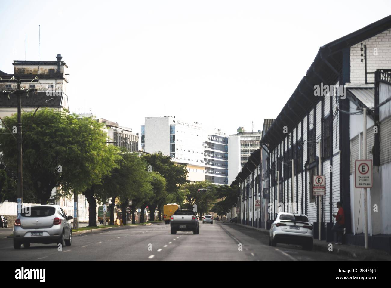 Busy street with car traffic in the Comercio district. City of Salvador, Brazil. Stock Photo