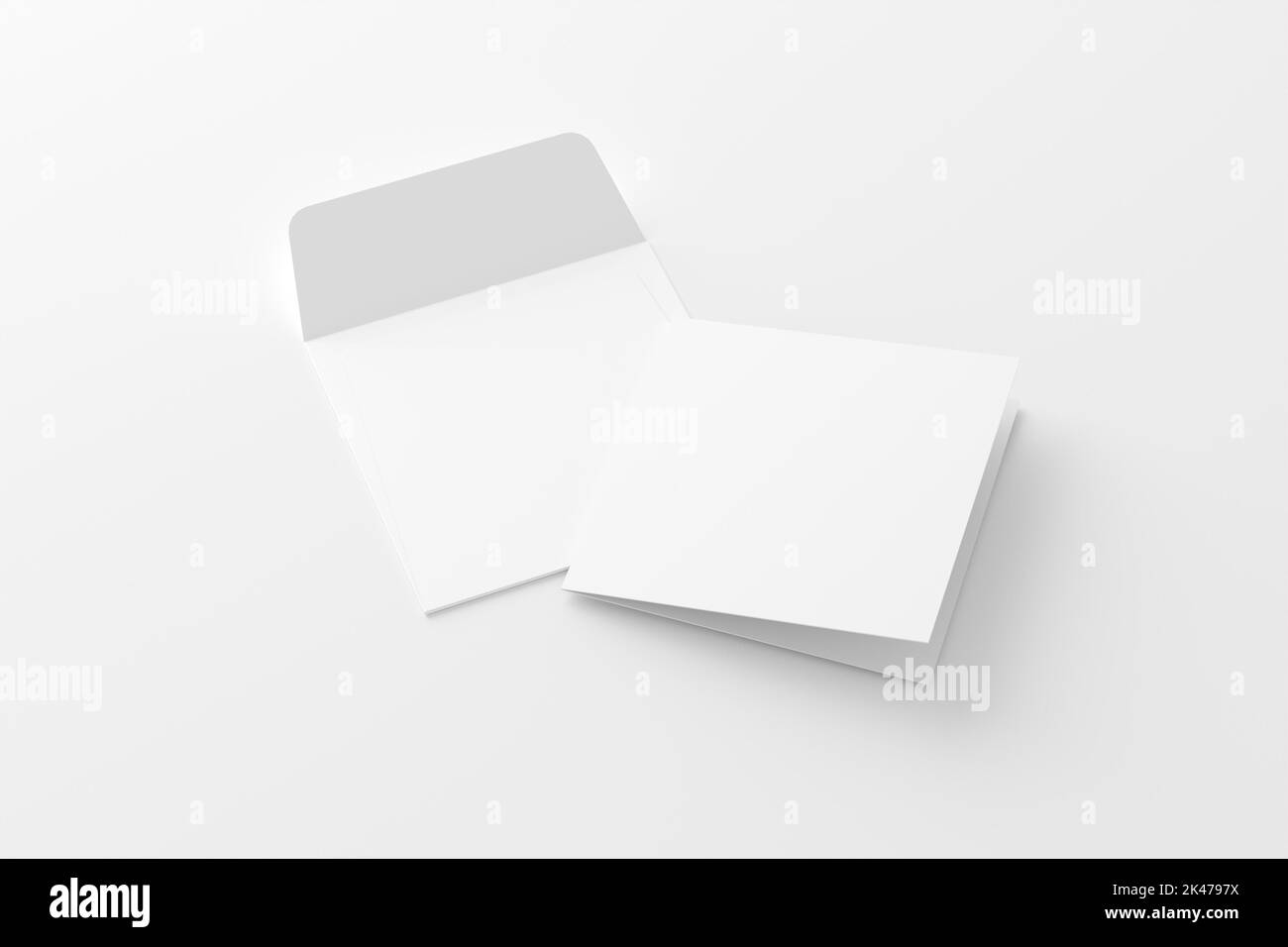 Square Folded Invitation Card With Envelope White Blank 3D Rendering Mockup Stock Photo