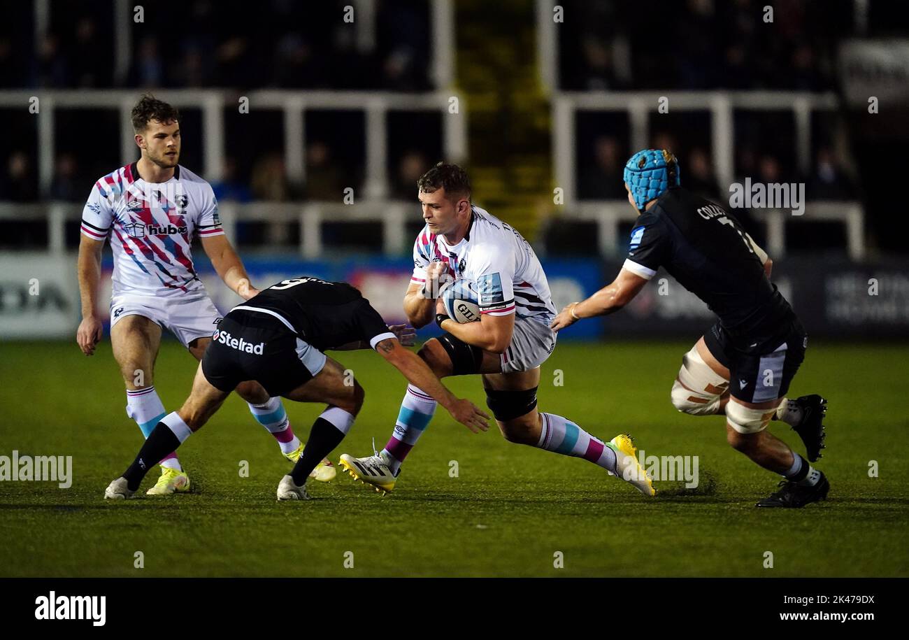 Newcastle Falcons Sam Stuart tackles Bristol Bears Magnus Bradbury during the Gallagher Premiership match at Kingston Park, Newcastle upon Tyne. Picture date: Friday September 30, 2022. Stock Photo