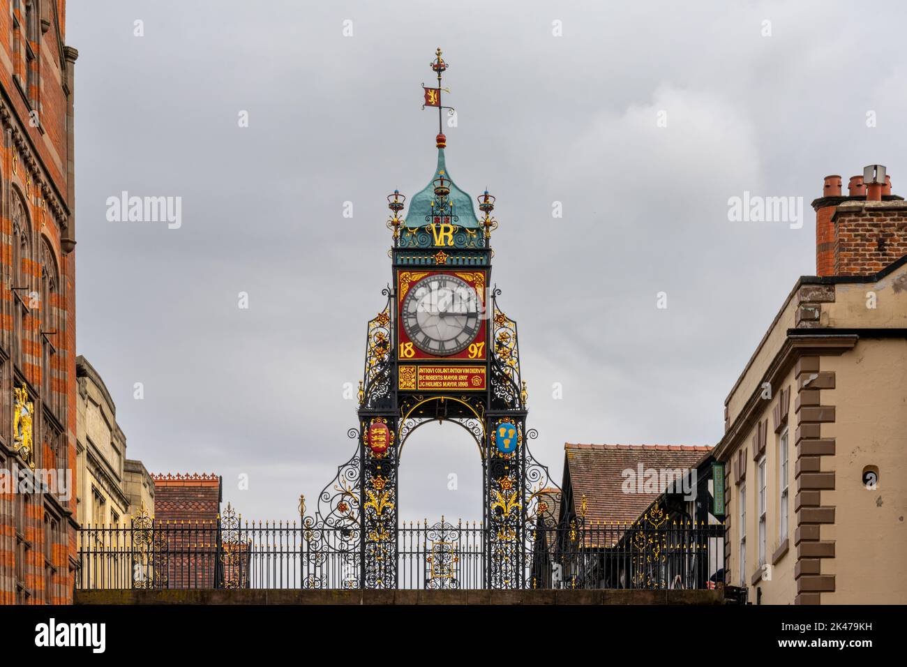 Chester, United Kingdom - 26 August, 2022: view of the iconic and historic Eastgate Clock in the heart of the city center of Chester Stock Photo