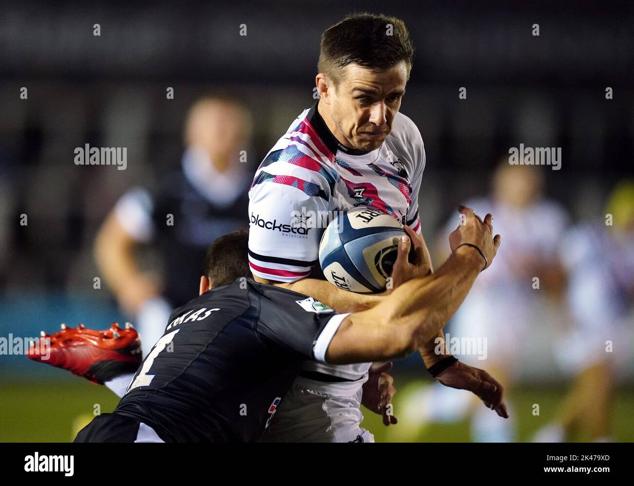 Newcastle Falcons Mateo Carreras tackles Bristol Bears AJ MacGinty during the Gallagher Premiership match at Kingston Park, Newcastle upon Tyne. Picture date: Friday September 30, 2022. Stock Photo