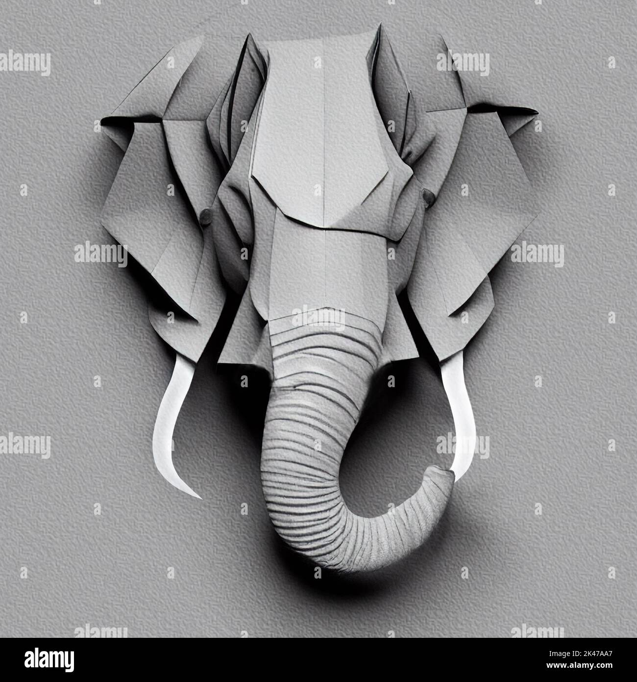 3D rendering of gray elephant head in paper origami style Stock Photo
