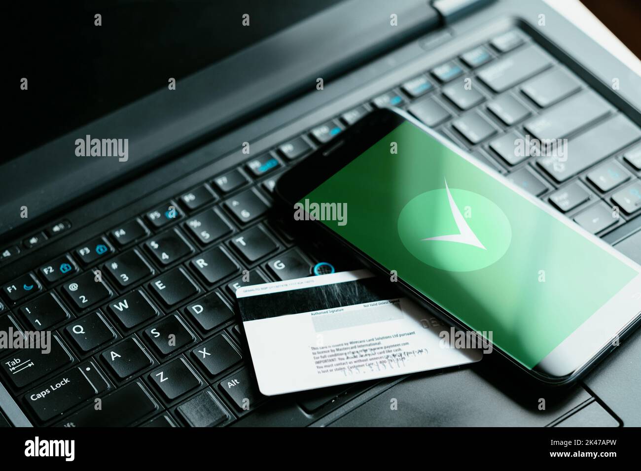 Mobile banking. Payment confirmation. Fintech business. Electronic transaction security. Credit card phone with approved status green checkmark icon o Stock Photo
