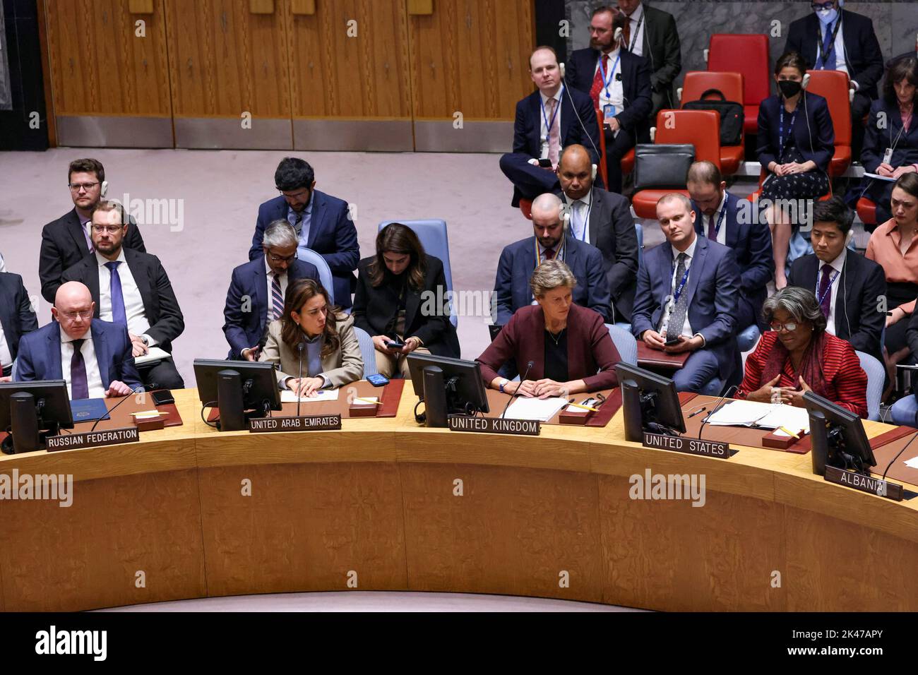 U.S. Ambassador to the United Nations Linda Thomas-Greenfield speaks as members of the United Nations Security Council convene at the request of Russia to discuss damage to two Russian gas pipelines to Europe, in New York, U.S., September 30, 2022. REUTERS/Andrew Kelly Stock Photo