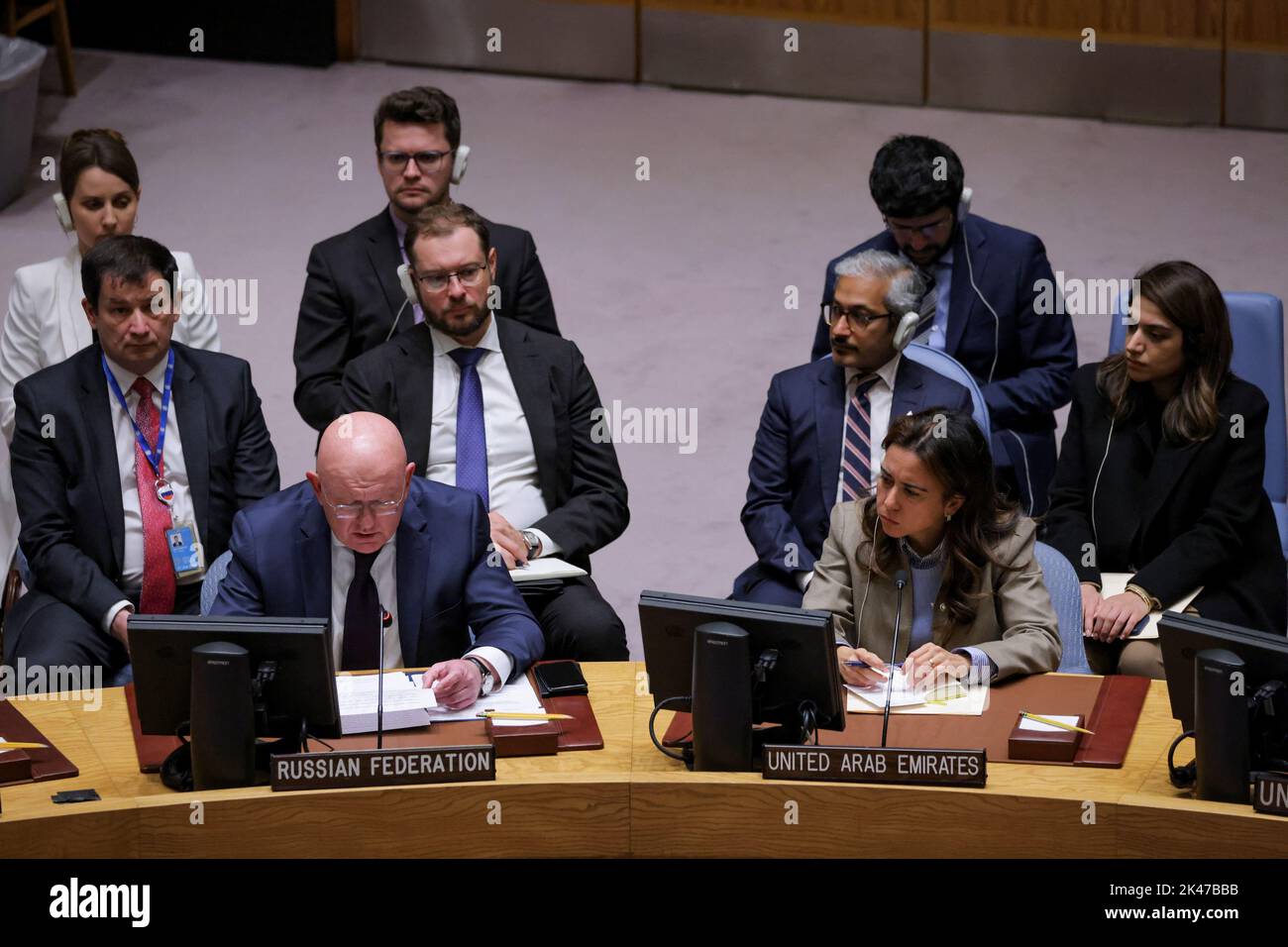 Russian Ambassador to the United Nations Vasily Nebenzya speaks as members of the United Nations Security Council convene at the request of Russia to discuss damage to two Russian gas pipelines to Europe, in New York, U.S., September 30, 2022. REUTERS/Andrew Kelly Stock Photo
