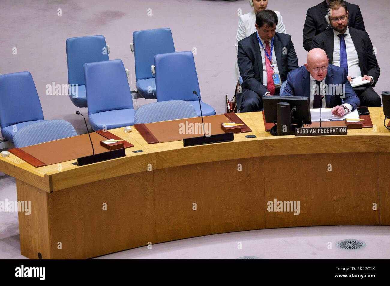 Russian Ambassador to the United Nations Vasily Nebenzya speaks as members of the United Nations Security Council convene at the request of Russia to discuss damage to two Russian gas pipelines to Europe, in New York, U.S., September 30, 2022. REUTERS/Andrew Kelly     TPX IMAGES OF THE DAY Stock Photo