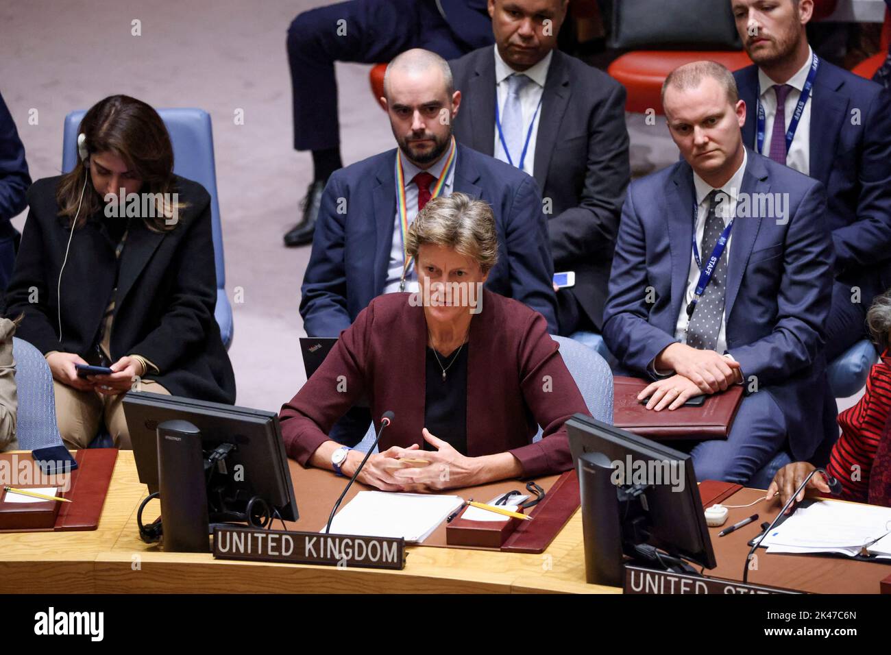 British Ambassador to the United Nations Barbara Woodward speaks as members of the United Nations Security Council convene at the request of Russia to discuss damage to two Russian gas pipelines to Europe, in New York, U.S., September 30, 2022. REUTERS/Andrew Kelly Stock Photo