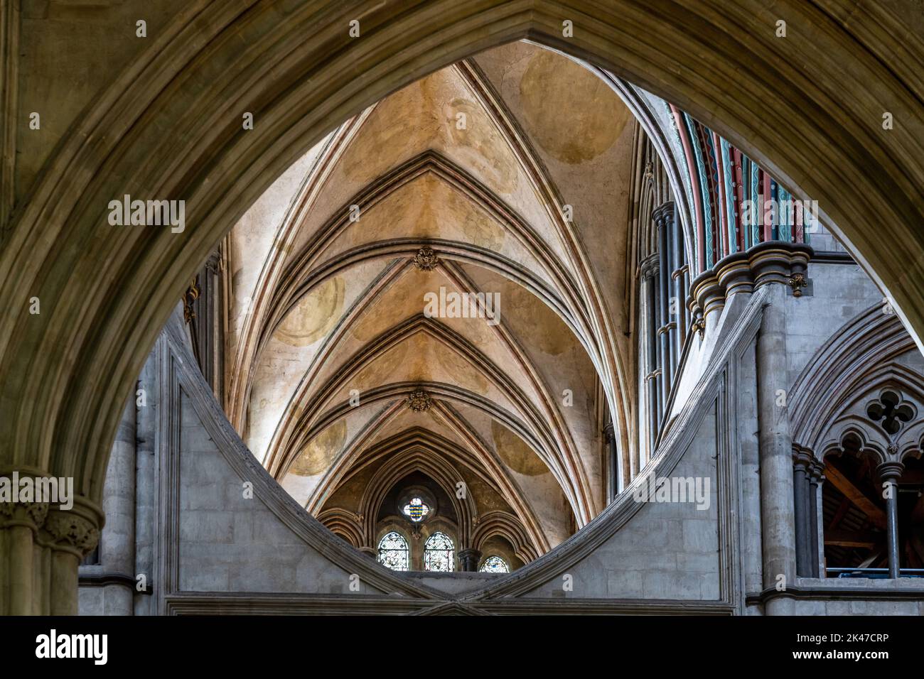 Salisbury, United Kingdom - 8 September, 2022: architectural detail of flowing curves and arches in Early English Gothic style inside the historic Sal Stock Photo