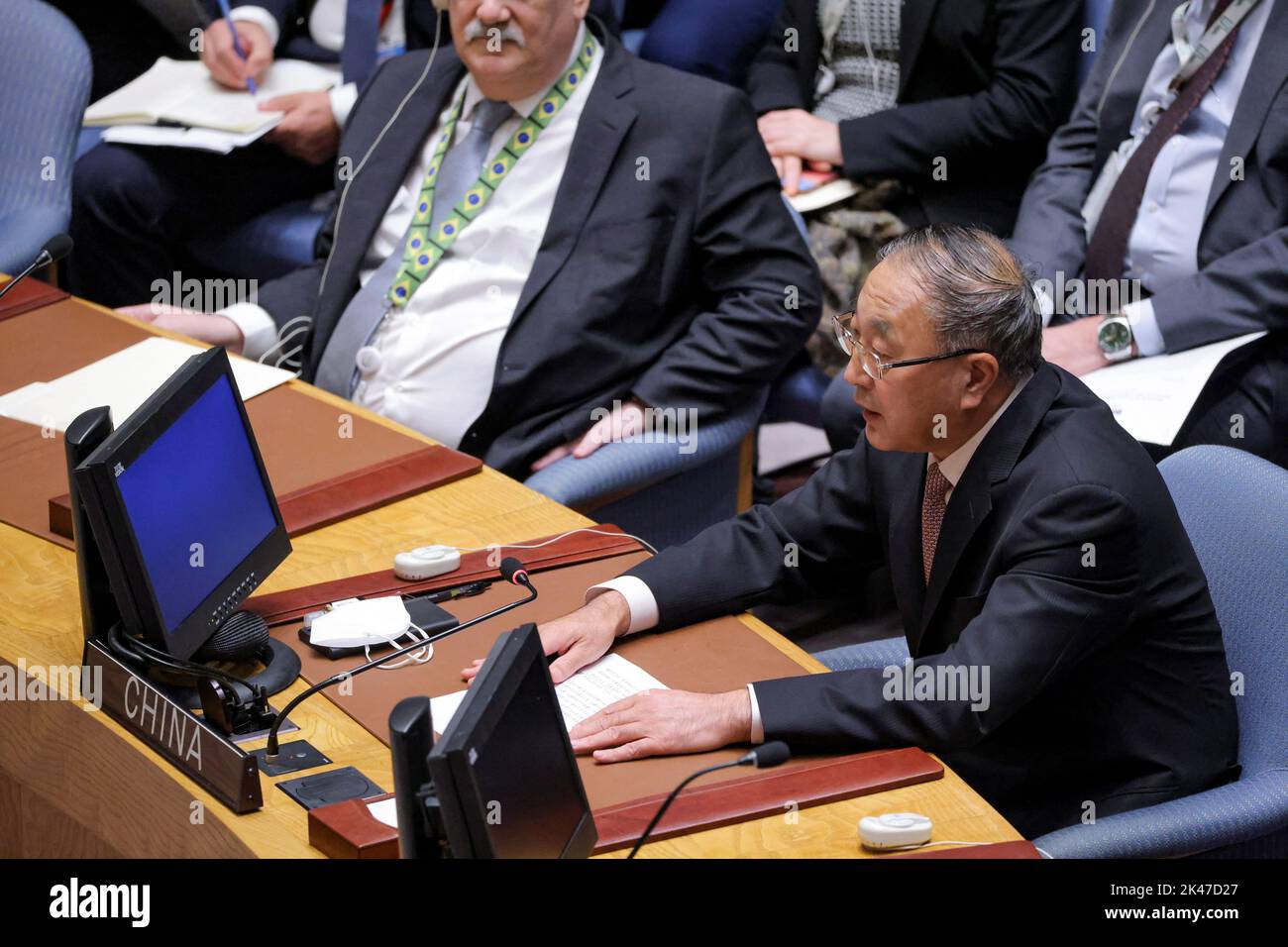 China's Ambassador to the United Nations Zhang Jun speaks as members of the United Nations Security Council convene at the request of Russia to discuss damage to two Russian gas pipelines to Europe, in New York, U.S., September 30, 2022. REUTERS/Andrew Kelly Stock Photo