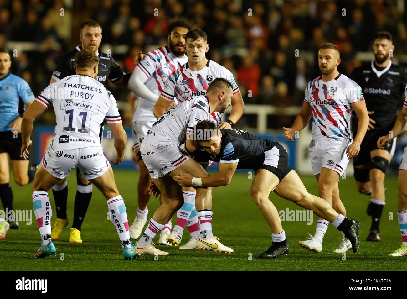 Newcastle, UK. 10th Sep, 2022. Rich Lane of Bristol Bears is tackled by Mateo Carreras of Newcastle Falcons during the Gallagher Premiership match between Newcastle Falcons and Bristol at Kingston Park, Newcastle on Friday 30th September 2022. (Credit: Chris Lishman | MI News) Credit: MI News & Sport /Alamy Live News Stock Photo