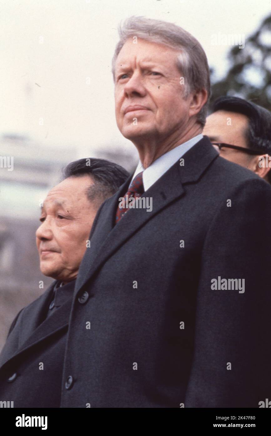 January 29, 1979, District of Colombia, Washington President JIMMY CARTER and DENG XIAOPING standing together outside Capital building. Together they signed a historic accord that would reverse decades of U.S. opposition to the Peoples Republic of China. Deng Xiaoping was the first official visit by a paramount leader of China to the US. The visit initiated a series of high-level exchanges that would continue until the spring of 1989. (Credit Image: © Keystone Press Agency/ZUMA Press Wire). Stock Photo