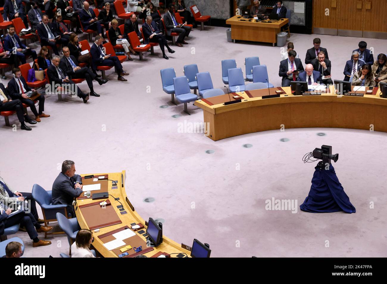 Ukrainian Ambassador to the United Nations Sergiy Kyslytsya speaks as members of the United Nations Security Council convene at the request of Russia to discuss damage to two Russian gas pipelines to Europe, in New York, U.S., September 30, 2022. REUTERS/Andrew Kelly Stock Photo