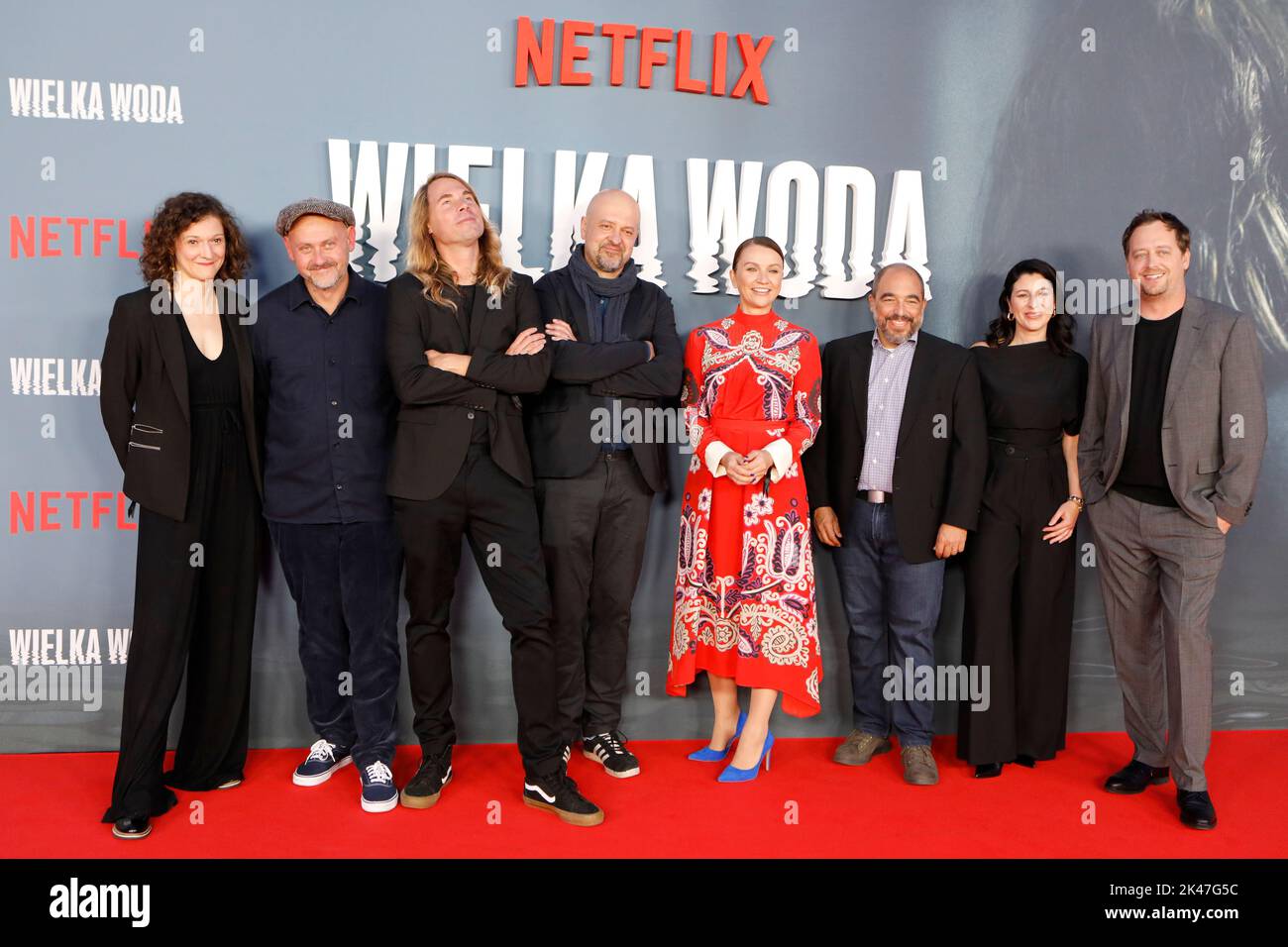 Wroclaw, Poland. September 30th 2022.World premiere of Netflix tv series 'High water' at National Forum of Music. Pictured: (L-R) scriptwriter Kinga Krzemieniecka, director of photography Bartlomiej Kaczmarek, head writer Kasper Bajon, director Bartlomiej Ignaciuk, producer Anna Nagler, producer Michael Azzolino, executive producer Anna Kepinska, director Jan Holoubek  © Piotr Zajac/Alamy Live News Stock Photo