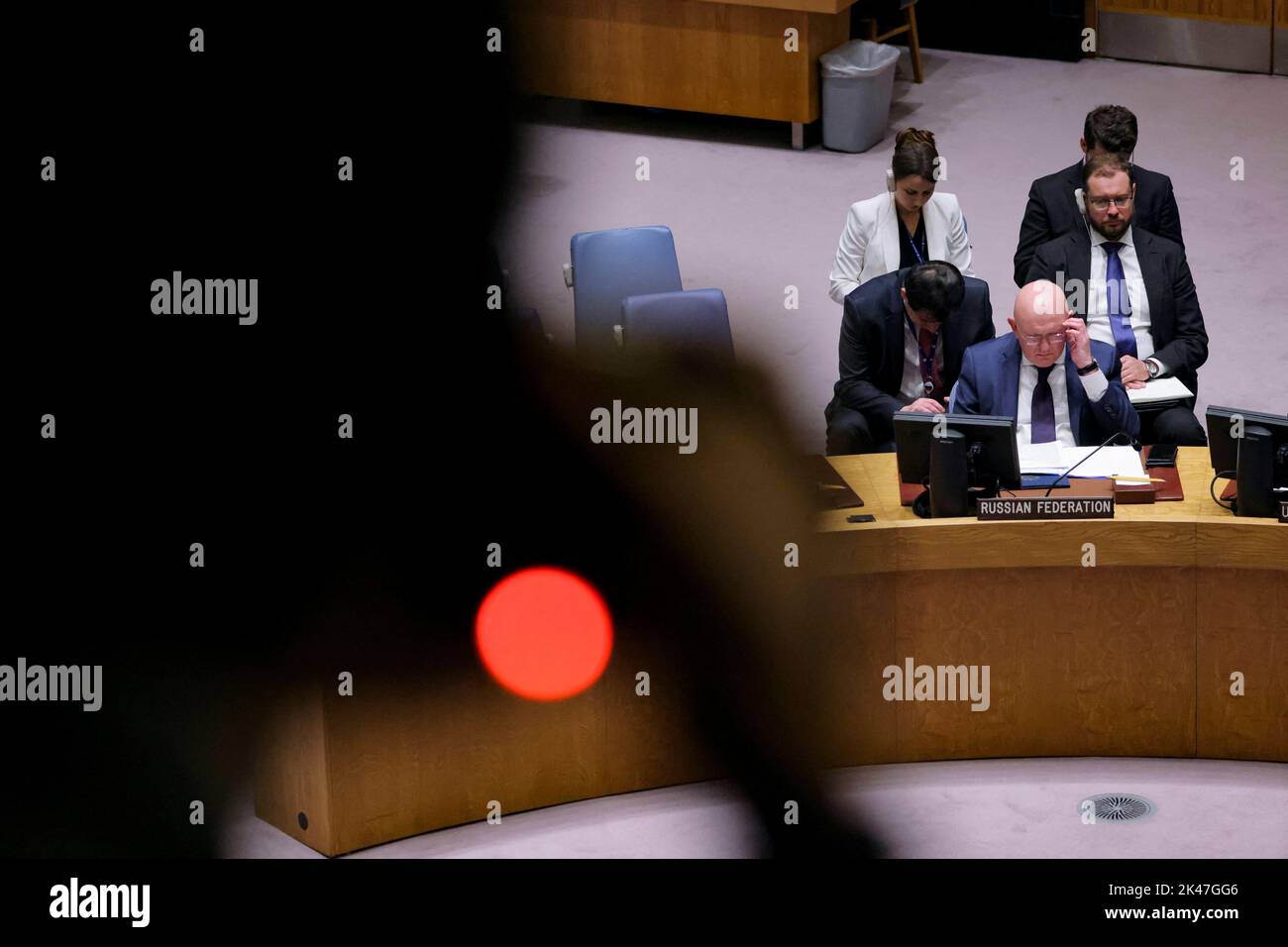 Russian Ambassador to the United Nations Vasily Nebenzya attends a meeting of the U.N. Security Council at the request of Russia to discuss damage to two Russian gas pipelines to Europe, in New York, U.S., September 30, 2022. REUTERS/Andrew Kelly Stock Photo
