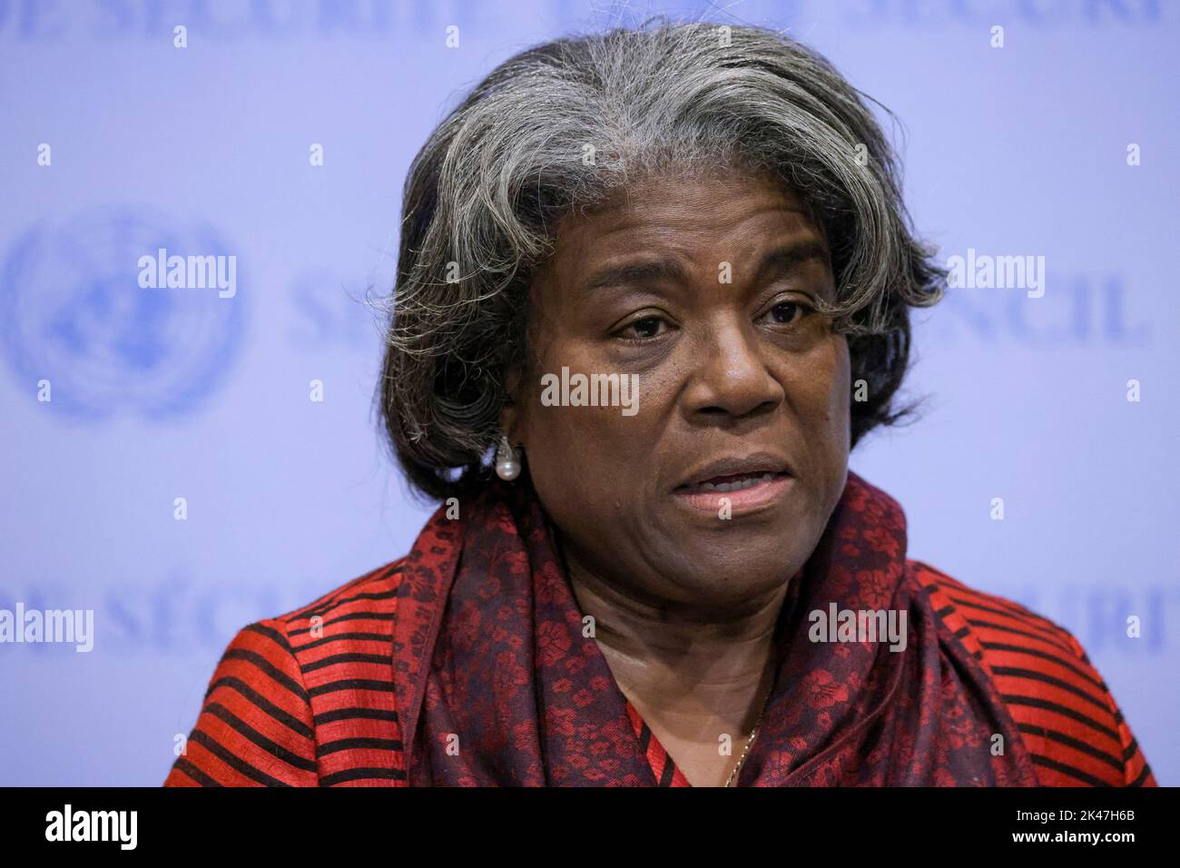 U.S. Ambassador to the United Nations Linda Thomas-Greenfield speaks to the media following a meeting of the U.N. Security Council at the request of Russia to discuss damage to two Russian gas pipelines to Europe, in New York, U.S., September 30, 2022. REUTERS/Andrew Kelly Stock Photo
