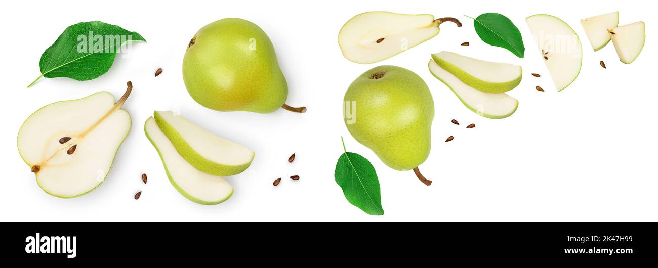 Green pear fruit with half and slices isolated on white background. Top ...