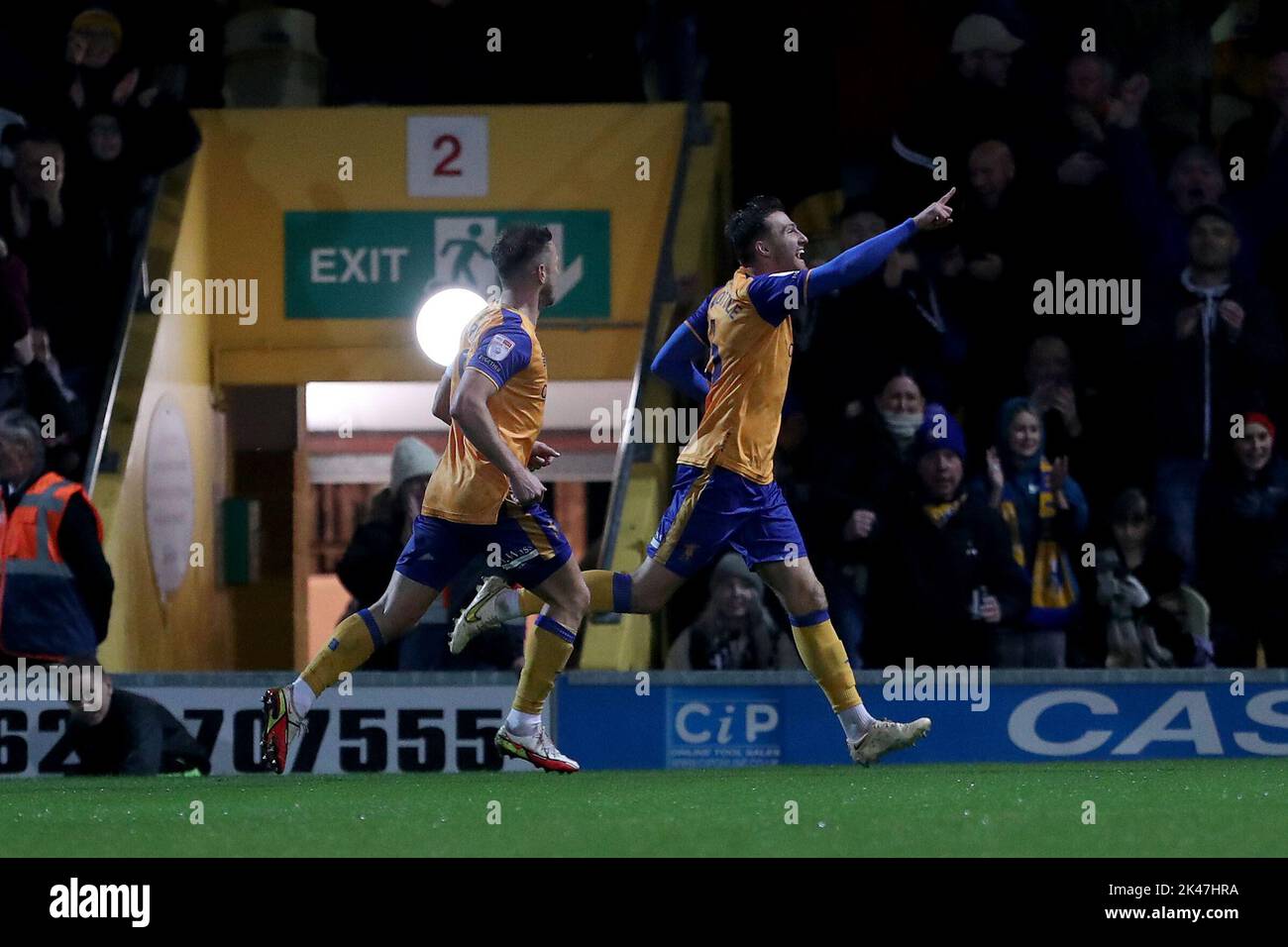Riley Harbottle of Mansfield Town celebrates with his team mates after scoring their second goal the Sky Bet League 2 match between Mansfield Town and Hartlepool United at the One Call Stadium, Mansfield on Friday 30th September 2022. (Credit: Mark Fletcher | MI News) Credit: MI News & Sport /Alamy Live News Stock Photo