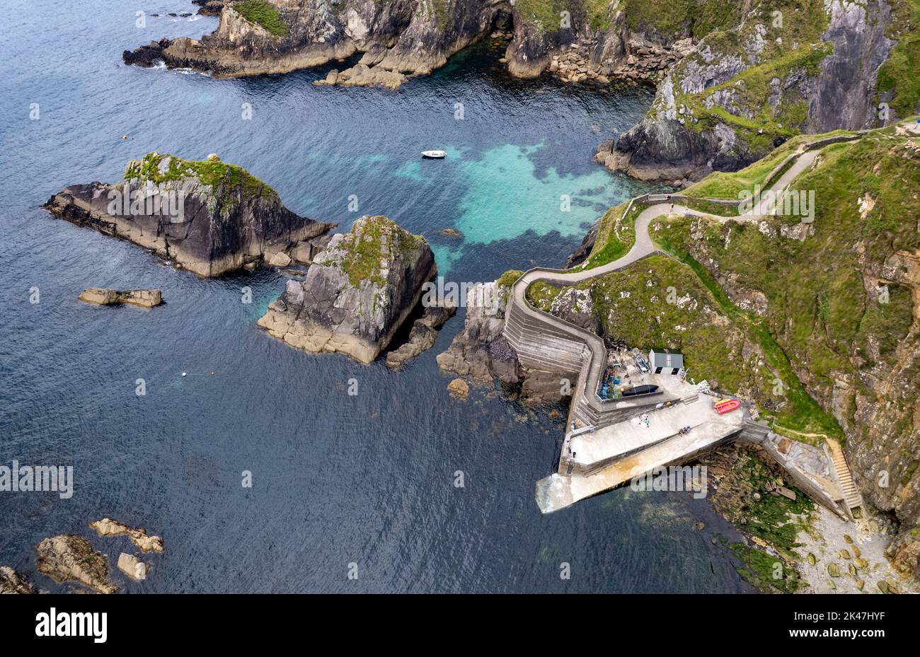 Drone aerial scenery of Dunquin pier at slea head drive dingle peninsula in the Atlantic way. Ireland Europe. Stock Photo
