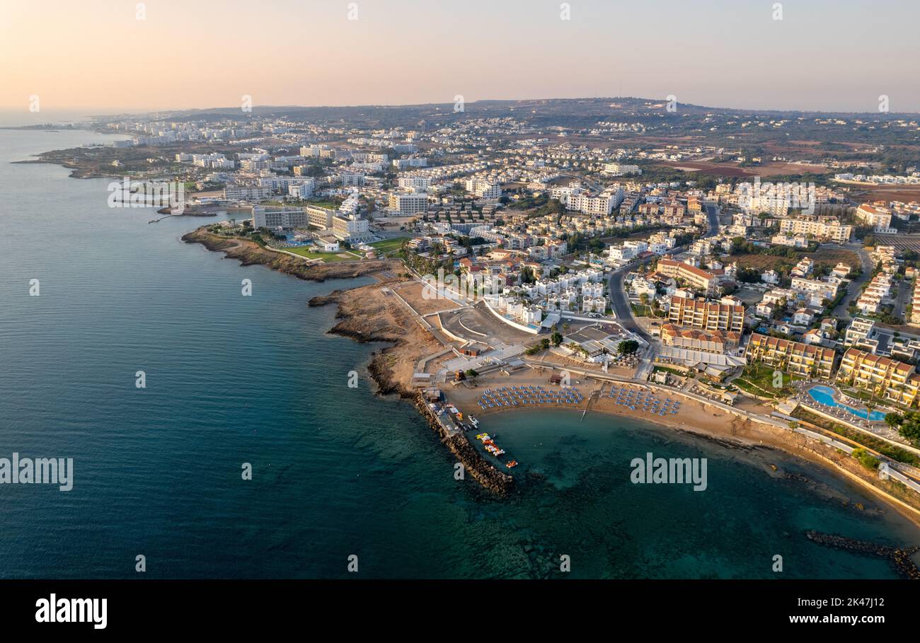 Coastline of holiday resort of Pernera, Protaras Cyprus. Drone aerial scenery of holiday resort Stock Photo