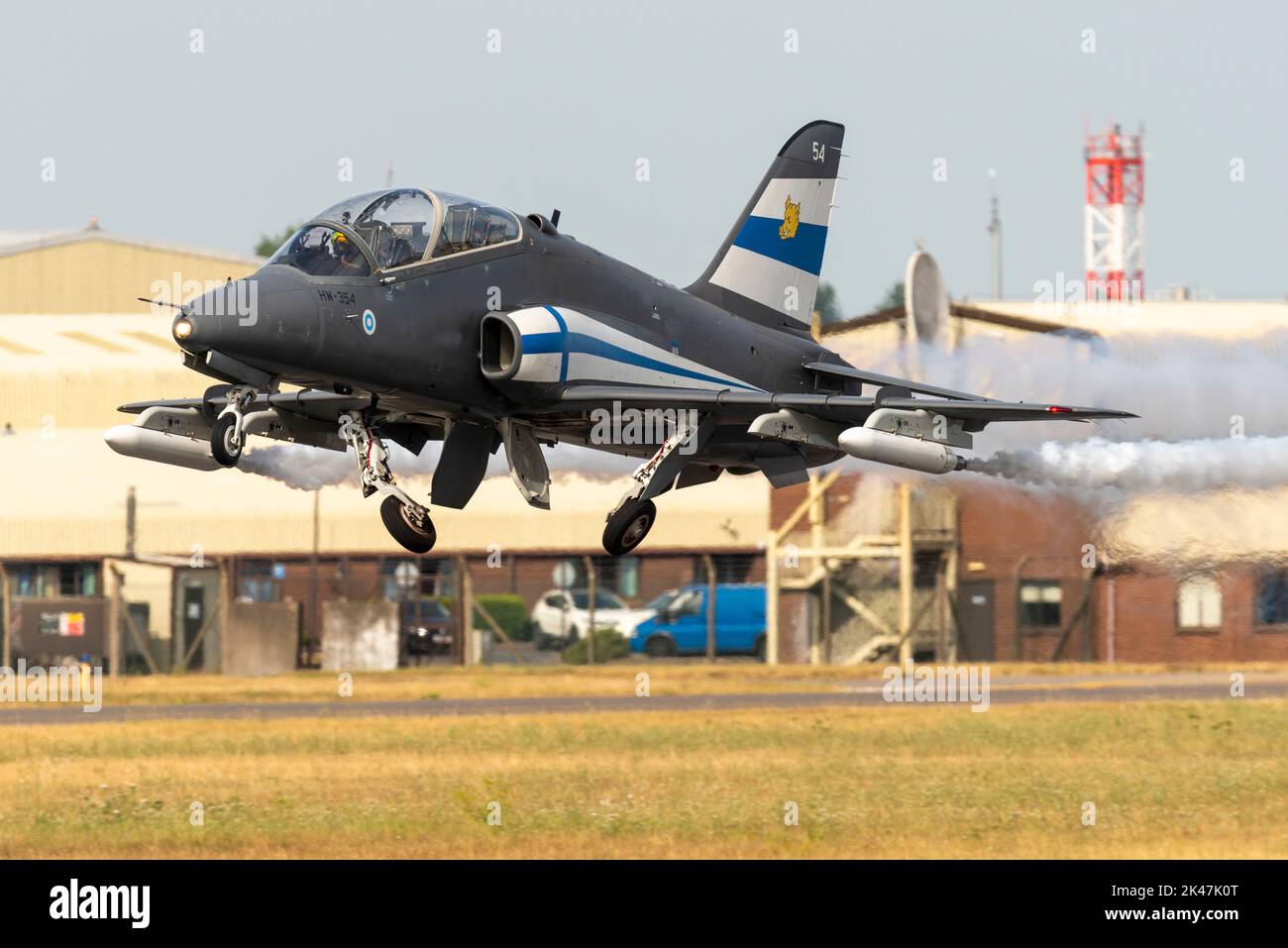 Finnish Air Force BAe Hawk Mk.51 jet trainer plane at the Royal International Air Tattoo, RIAT airshow, RAF Fairford, Gloucestershire, UK. Taking off Stock Photo
