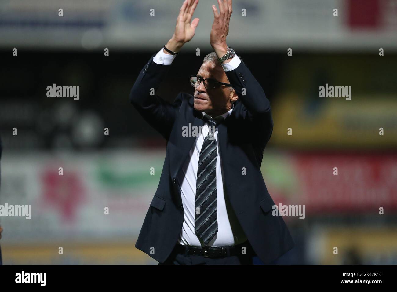 Hartlepool United Interim manager Keith Curle applauds their fans after the Sky Bet League 2 match between Mansfield Town and Hartlepool United at the One Call Stadium, Mansfield on Friday 30th September 2022. (Credit: Mark Fletcher | MI News) Credit: MI News & Sport /Alamy Live News Stock Photo