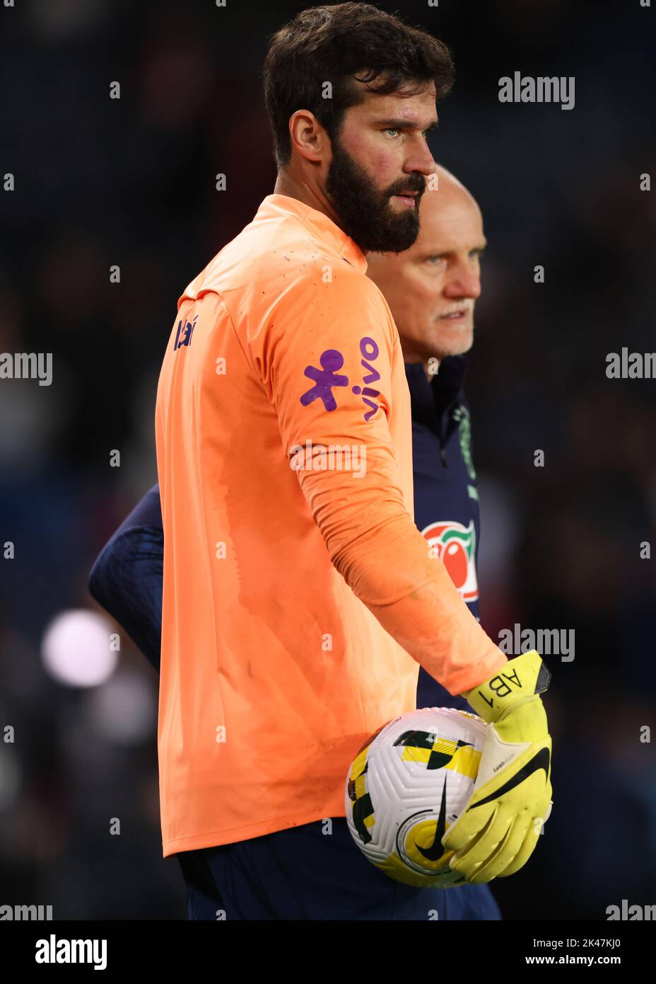 Paris, France, 27th September 2022. Alisson of Brazil discusses with goalkeeping coach Claudio Taffarel during the warm up prior to the International Friendly match at Le Parc des Princes, Paris. Picture credit should read: Jonathan Moscrop / Sportimage Stock Photo
