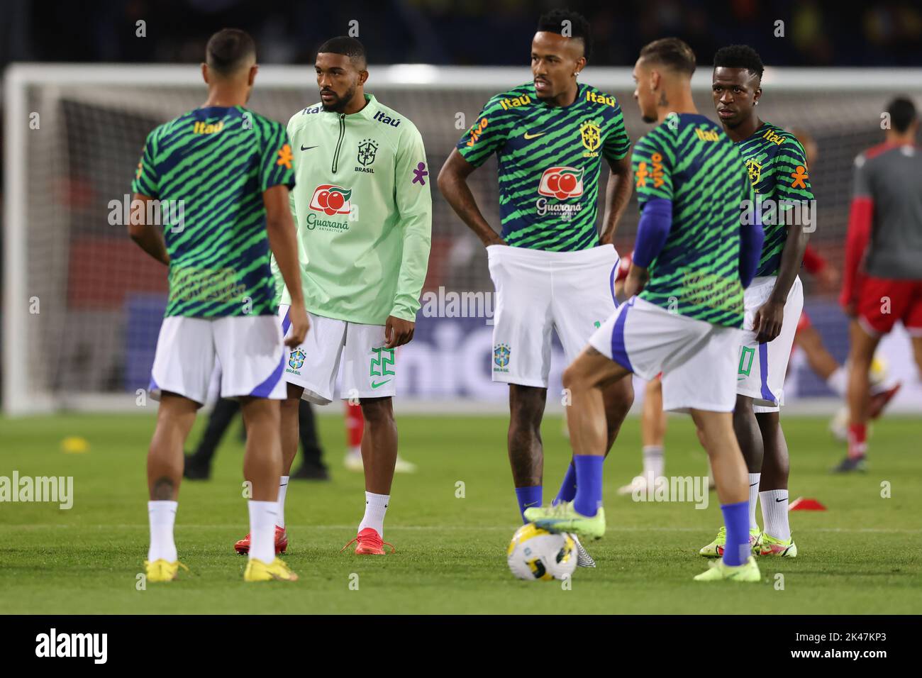 Paris, France, 27th September 2022. Bremer, Eder Militao and Vinicius Jr of Brazil  during the warm up prior to the International Friendly match at Le Parc des Princes, Paris. Picture credit should read: Jonathan Moscrop / Sportimage Stock Photo