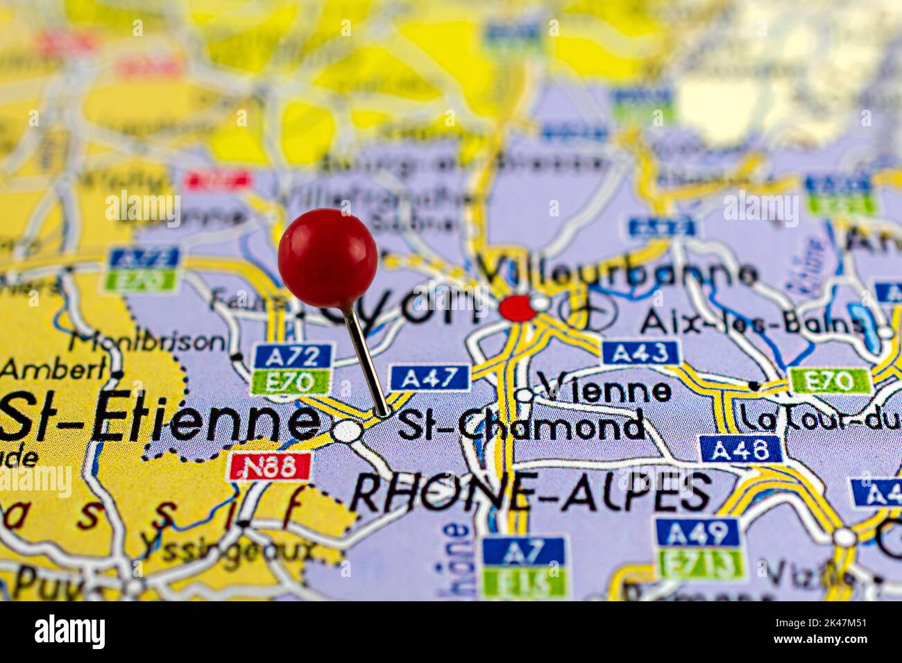 Saint-Chamond map. Close up of Saint Chamond map with red pin. Map with red pin point of Saint-Chamond in France. Stock Photo