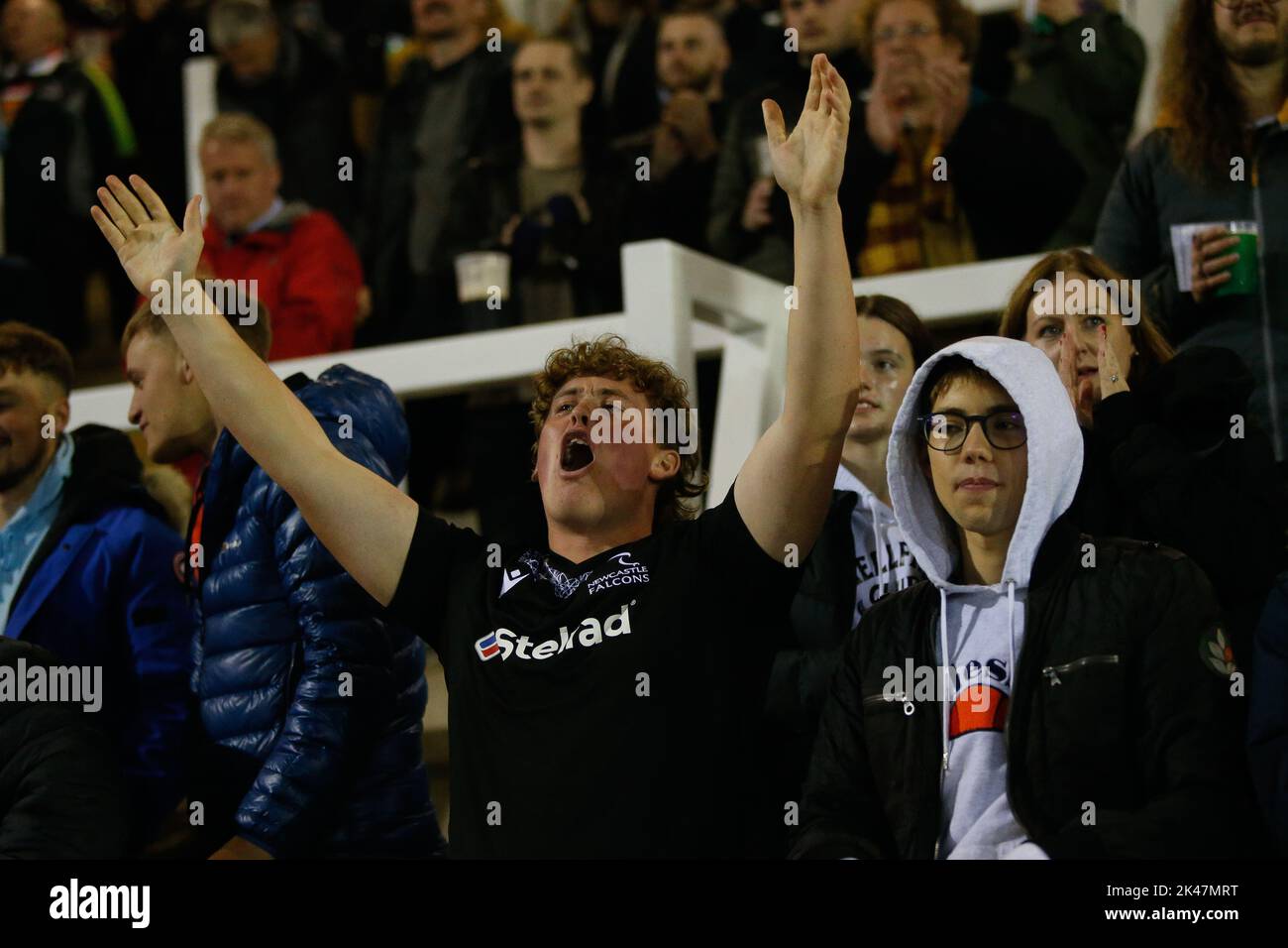 Newcastle, UK. 10th Sep, 2022. A Falcons fan celebrates during the Gallagher Premiership match between Newcastle Falcons and Bristol at Kingston Park, Newcastle on Friday 30th September 2022. (Credit: Chris Lishman | MI News) Credit: MI News & Sport /Alamy Live News Stock Photo