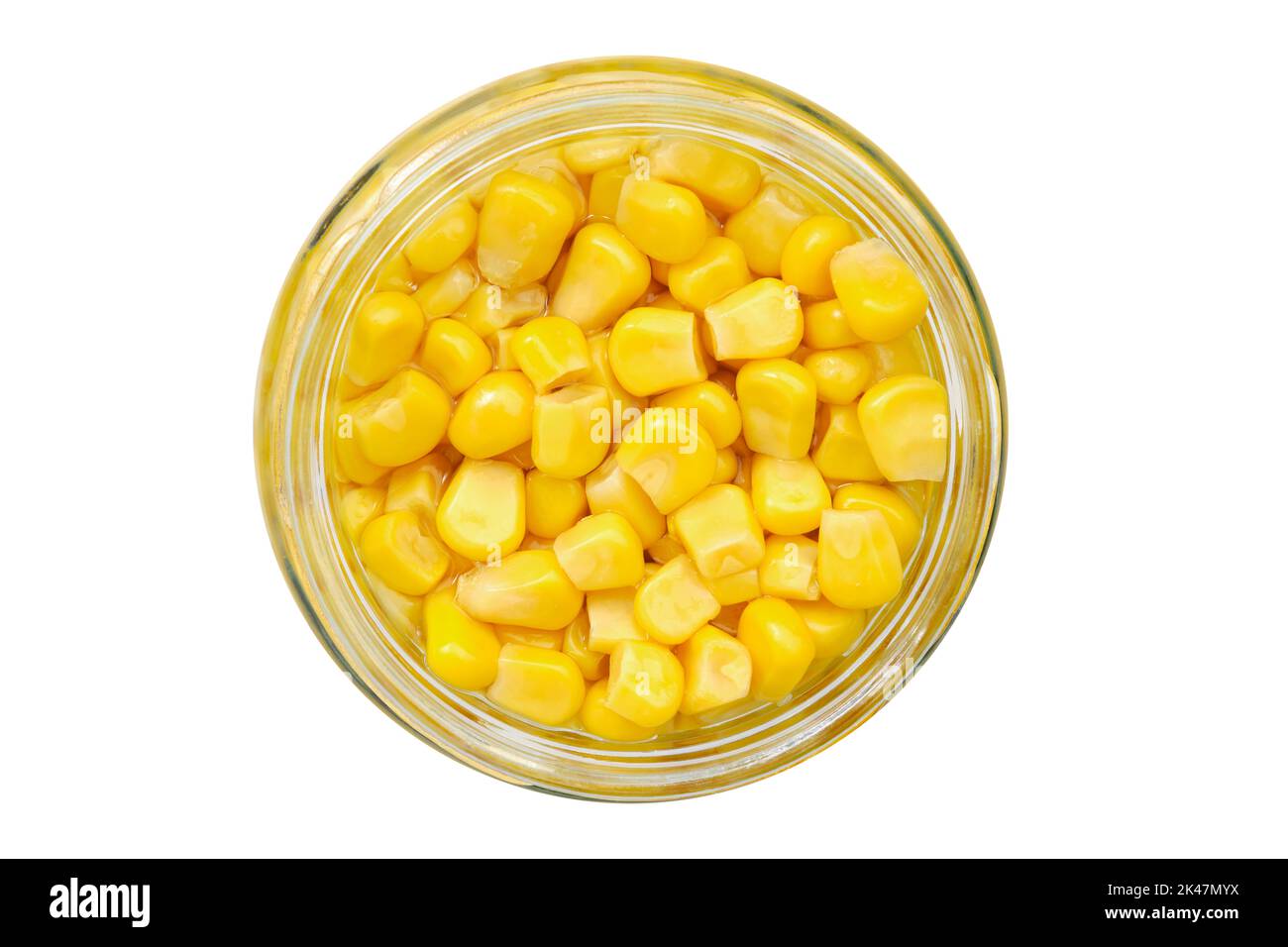 Jar of canned sweet corn, isolated. Pickled sweet corn on white. Top