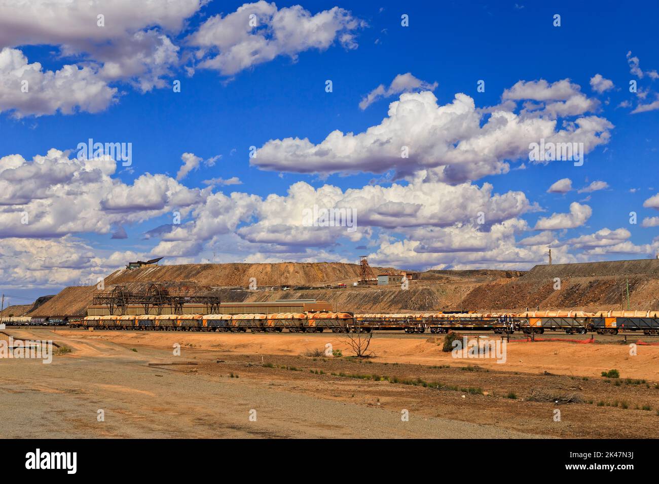 Freight train at open pit mine in Broken hill silver city the capital of Australian outback. Stock Photo