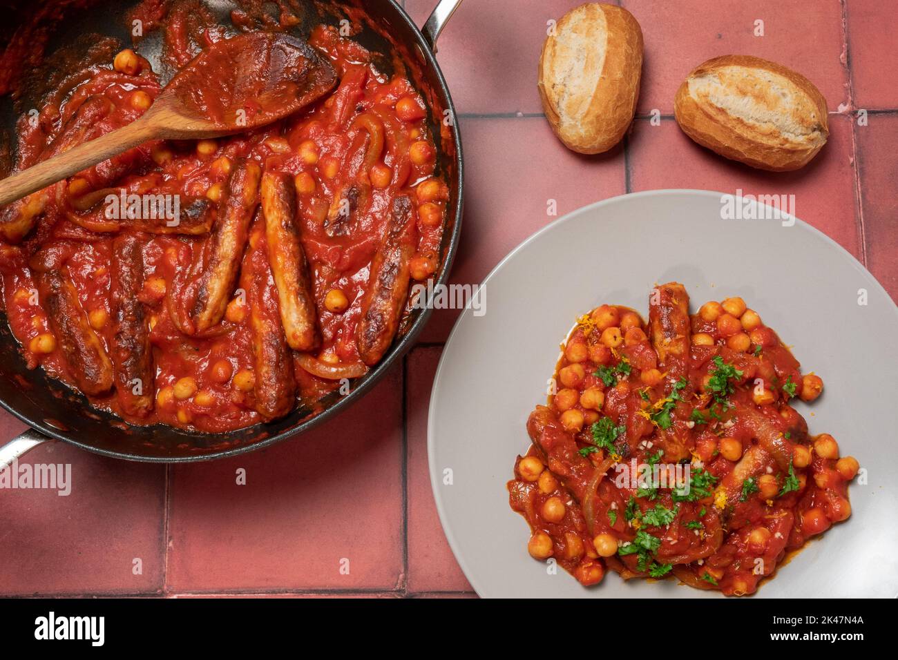Easy sausage casserole from above Stock Photo