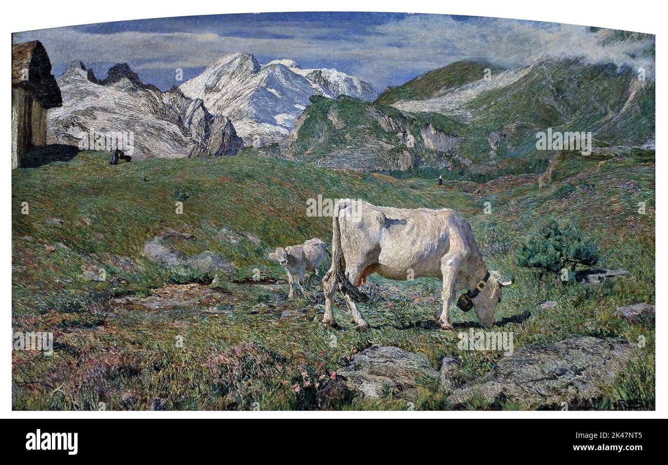 Pascoli di primavera (Spring pasture) (1886) by Giovanni Segantini (1858-1899). Oil on canvas, cm.95x155. Brera Academy, Milan. Stock Photo