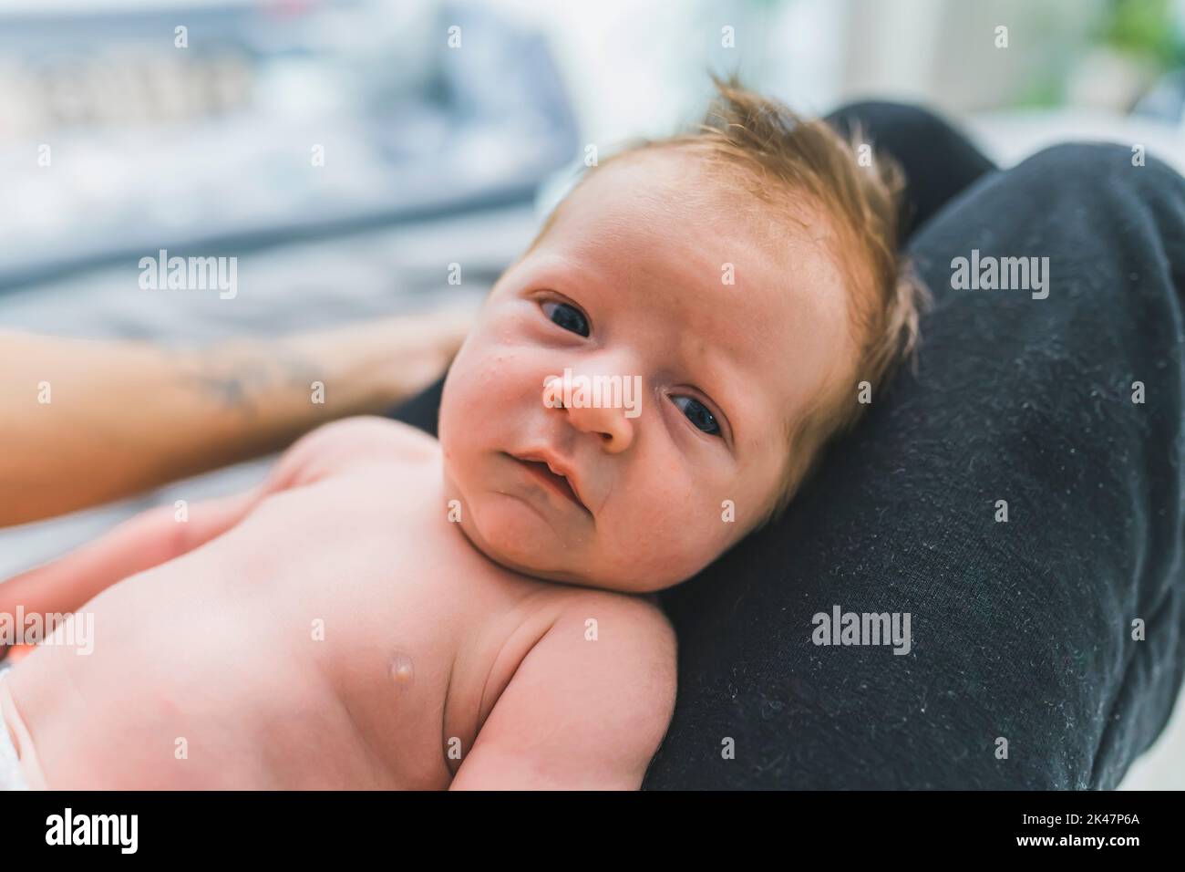 Caucasian infant boy with cute brown hair laying on his mother lap, looking at the camera. Face close up. High quality photo Stock Photo