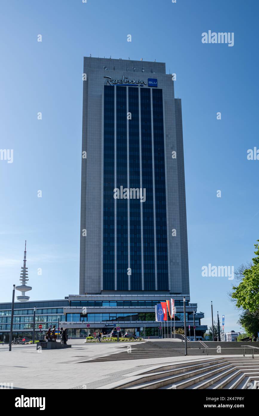 Hamburg, germany - 05 03 2022:View of the Radisson Blu Hotel in Hamburg and the Hamburger fernsehturm in the background Stock Photo