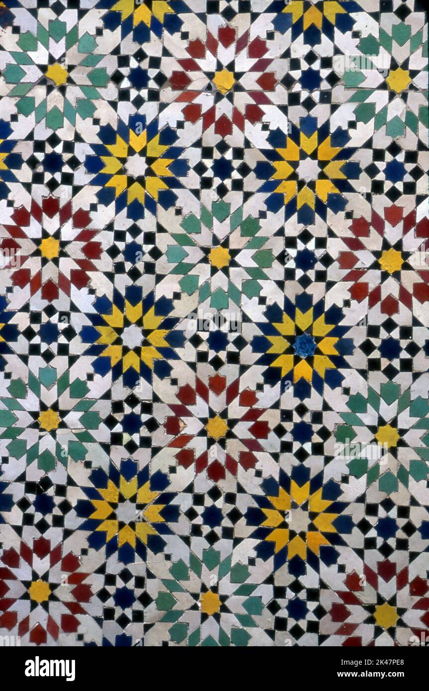 Colorful decorative tiles in floral pattern in Morocco. Stock Photo