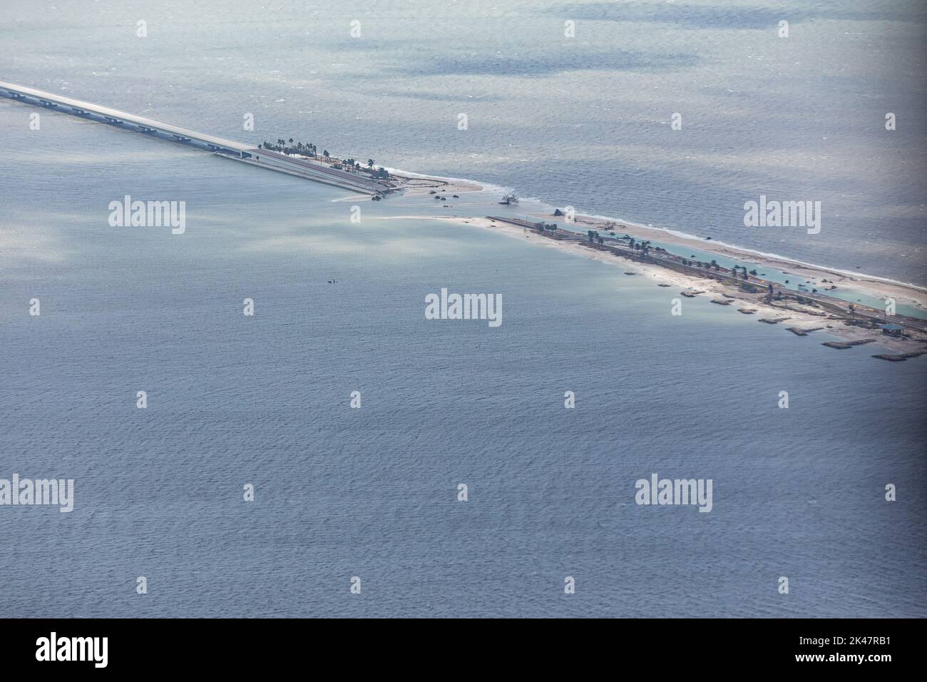 Fort Myers, United States. 29th Sep, 2022. Aerial view of the Sanibel Causeway damaged by the massive Category 4 Hurricane Ian, that pounded the west coast of Florida, September 29, 2022 in Fort Myers, Florida. Credit: Ozzy Trevino/CBP Photo/Alamy Live News Stock Photo