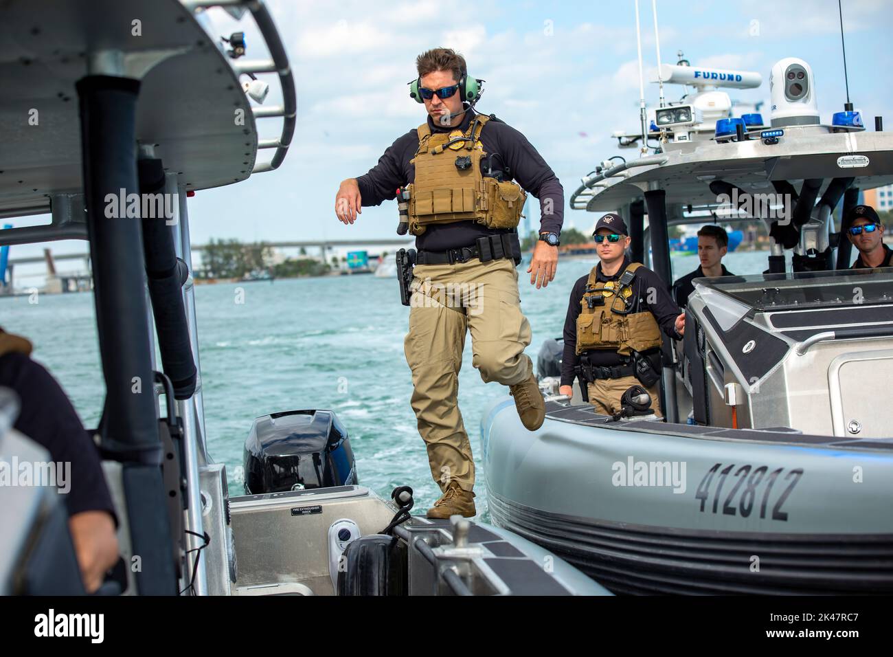 Members of CBP's Air and Marine Operations (AMO) conduct enhanced security measures leading up to Super Bowl LIV in Miami, Fla., January 29, 2020.  Agents patrolled the Florida coast utilizing marine and air assets. CBP photo by Ozzy Trevino Stock Photo